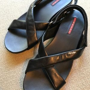 Prada Crisscross Leather Sandal, black slingback